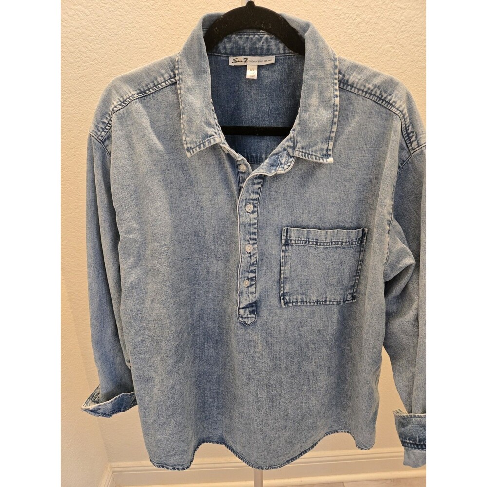 Seven 7 L Denim Henley Shirt Blue Relaxed Fit Long Sleeve Pullover Womens Top